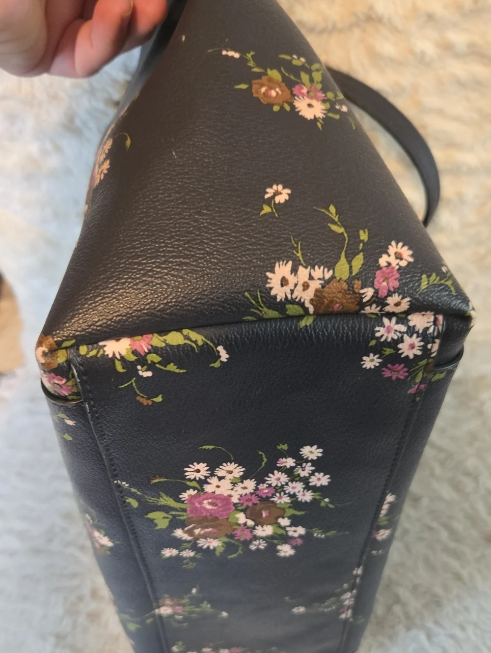 Coach Floral Print Black Leather Tote Bag With Large Gold Coach Tag